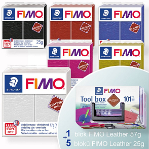 FIMO LEATHER Efekt TOOLBOX balení 5 barevných bloků FIMO Leather 25g , 1x FIMO Leather 57g +modelovací nářadí, rádlo, razítka