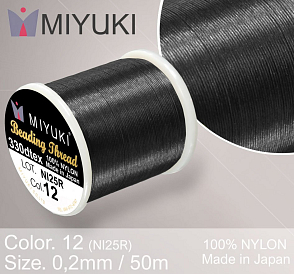 Nylonová nit značky MIYUKI. Barva č. 12 Black. Materiál 330DTEX (0,2mm). Balení 50m.