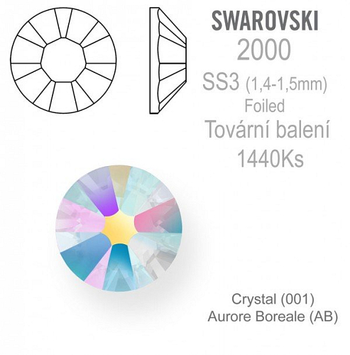 Swarovski Rose FB FOILED 2000 velikost SS3 barva Crystal Aurore Boreale tovární balení