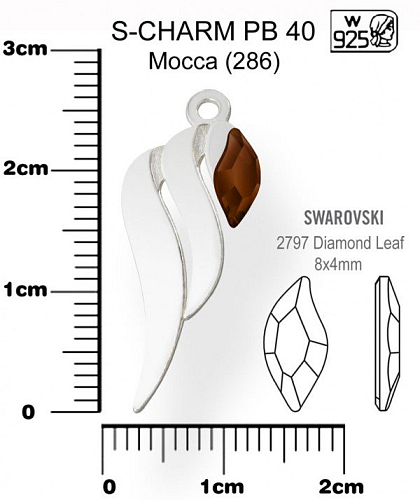 Přívěsek tvar KŘÍDLO PB 40+Swarovski 2797 Mocca (286). Materiál Ag925. Váha Ag 0,62g