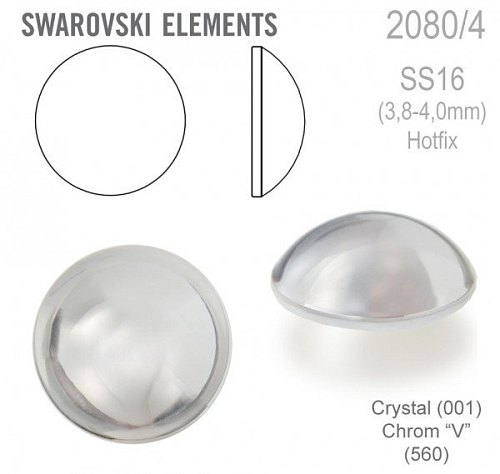 Swarovski 2080/4 Cabochon Round velikost SS16 barva Crystal Chrom "V" Hotfix