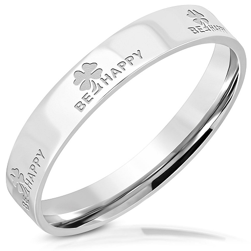 Prsten z ocele RWS 059 s nápisem Be Happy a čtyřlístkem pro štěstí o velikosti 8