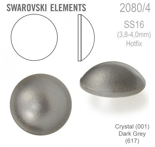 Swarovski 2080/4 Cabochon Round velikost SS16 barva Crystal Dark Grey Hotfix