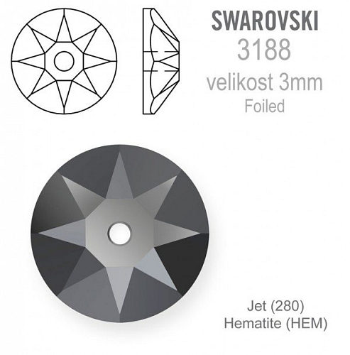 Swarovski 3188 XIRIUS Lochrose našívací kameny velikost pr.3mm barva Jet Hematite