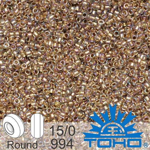Korálky TOHO tvar ROUND (kulaté). Velikost 15/0. Barva 994 Gold-Lined Rainbow Crystal. Balení 5g.