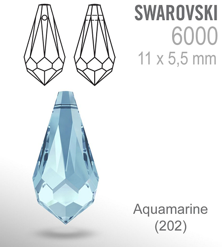 SWAROVSKI PŘÍVÉSKY Teardrop 6000 barva AQUAMARINE (202) velikost 11x5,5mm. 