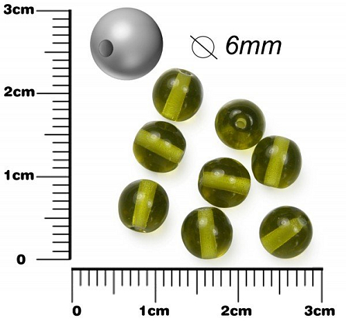 Korálky mačkané KULIČKA pr.6mm barva průhledná zelená olivová . Balení 30Ks.