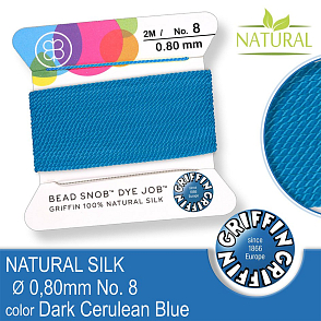 Hedvábná nit s jehlou GRIFFIN síla nitě 0,8mm No.8 délka 2m. Barva Dark Cerulean Blue.