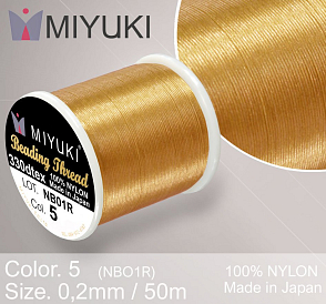 Nylonová nit značky MIYUKI. Barva č. 5 Gold. Materiál 330DTEX (0,2mm). Balení 50m. 