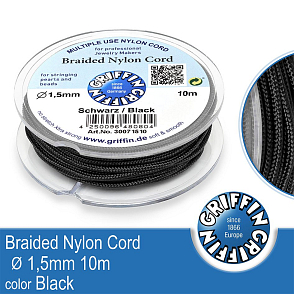 Braided NYLON (splétaná nit na náramky) GRIFFIN síla nitě 1,5mm cívka 10m. Barva Black.