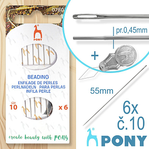 Sada JEHEL na navlékání korálků PONY č.10 balení 6Ks + navlékáček. Síla jehly 0,45mm délka 55mm.