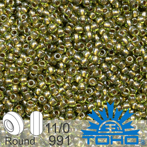 Korálky TOHO tvar ROUND (kulaté). Velikost 11/0. Barva č. 991-Gold-Lined Peridot . Balení 8g.
