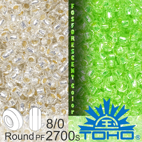 Korálky TOHO tvar ROUND (kulaté). Velikost 8/0. Barva č.PF2700S-Glow In The Dark - Silver Line Crystal/Green Splash . Balení 10g.