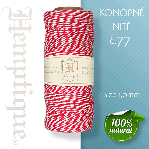 Konopná nit HEMP CORD síla nitě 1,0mm. METRÁŽ Barva č.77 Červeno-Bílá