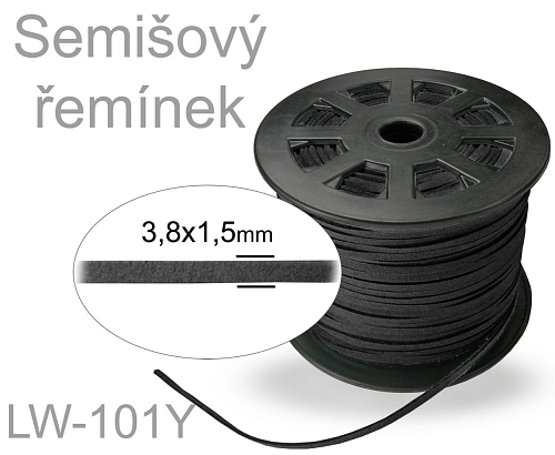 SEMIŠOVÁ šňůra plochá. Ozn.- LW-101Y. Barva BLACK (ČERNÁ). Velikost šířka 3,8mm tl.1,5mm. 