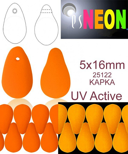 Korálky NEON (UV Active) KAPKA velikost 5x16mm barva 25122 ORANŽOVÁ. Balení 20Ks. 