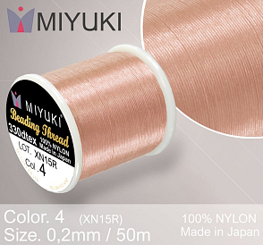 Nylonová nit značky MIYUKI. Barva č. 4 Blush. Materiál 330DTEX (0,2mm). Balení 50m.