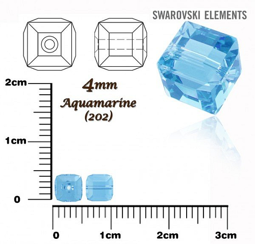 SWAROVSKI CUBE Beads 5601 barva AQUAMARINE velikost 4mm.