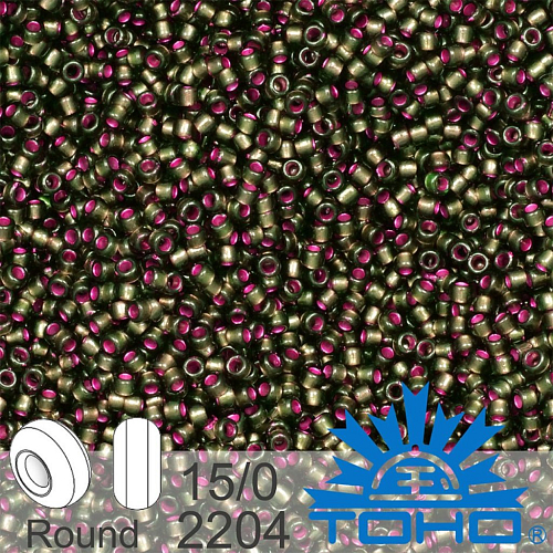 Korálky TOHO tvar ROUND (kulaté). Velikost 15/0. Barva č.2204 Dyed Silver-Lined Pink Frosted Olivine. Balení 5g.