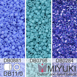 Korálky Miyuki Delica 11/0. Barevné variace č. 17  DB0284, DB0881, DB0798. Balení 3x5g