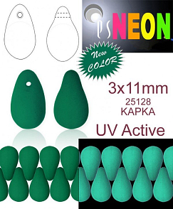 Korálky NEON (UV Active) KAPKA velikost 3x11mm barva 25128 SMARAGDOVÁ. Balení 30Ks. 