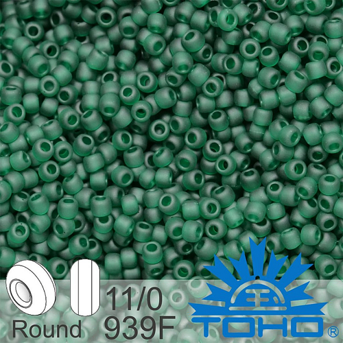 Korálky TOHO tvar ROUND (kulaté). Velikost 11/0. Barva č. 939F-Transparent-Frosted Green Emerald . Balení 8g.