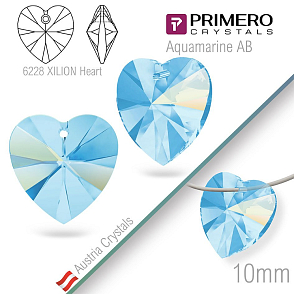 Korálky PRIMERO Crystals. Tvar 6228 XILION Heart. Barva Aquamarine AB. Velikost 10mm