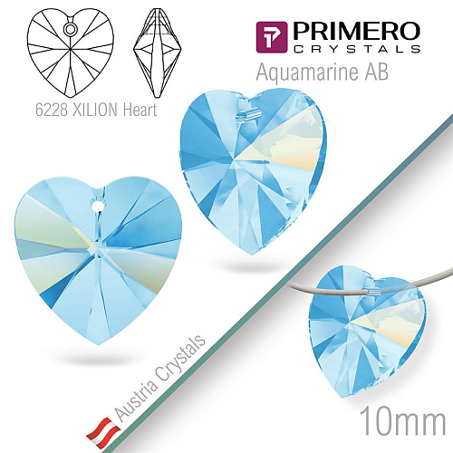 Korálky PRIMERO Crystals. Tvar 6228 XILION Heart. Barva Aquamarine AB. Velikost 10mm