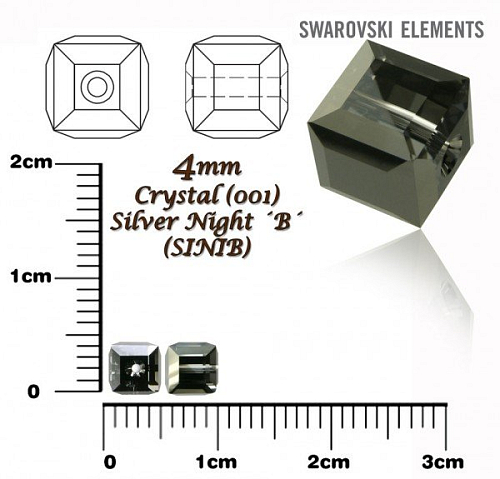 SWAROVSKI CUBE Beads 5601 barva CRYSTAL SILVER NIGHT ´B´ velikost 4mm.