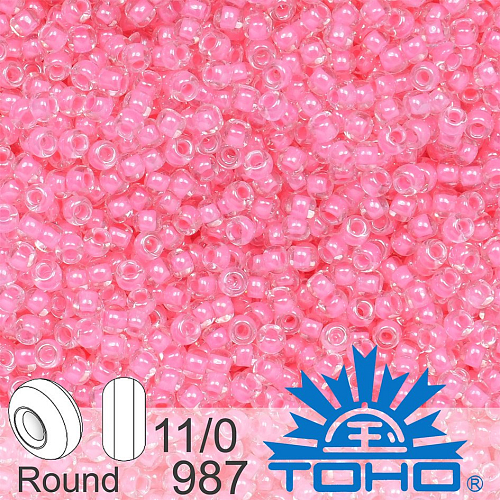 Korálky TOHO tvar ROUND (kulaté). Velikost 11/0. Barva č. 987-Inside-Color Crystal/Ballerina Pink Lined . Balení 8g.