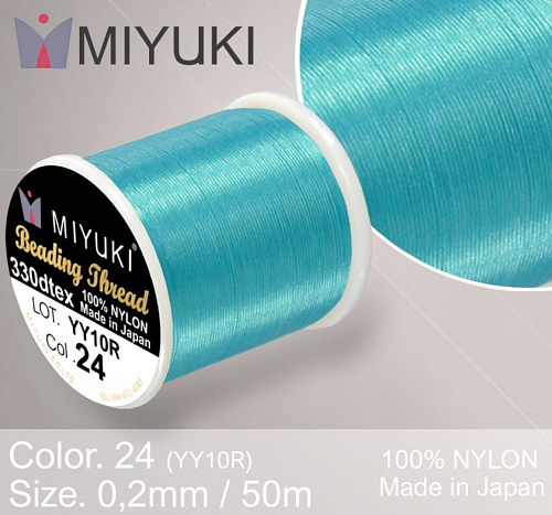 Nylonová nit značky MIYUKI. Barva č. 24 Turquoise. Materiál 330DTEX (0,2mm). Balení 50m.