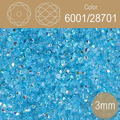 Korálky BROUŠENÉ 3mm. Barva 6000/28701 průhledná modrá s pokovem. Balení 150Ks.