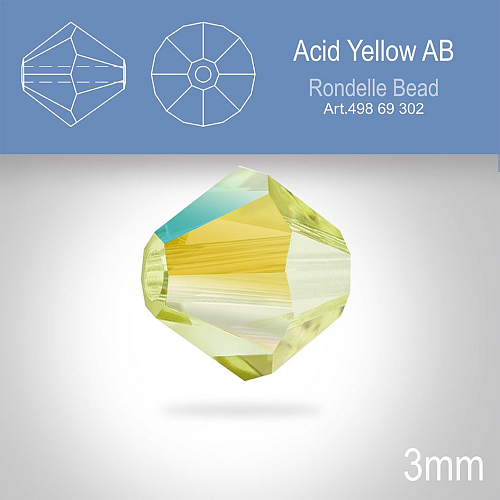 PRECIOSA Bicone (sluníčko) velikost 3mm. Barva ACID YELLOW AB. Balení 40ks