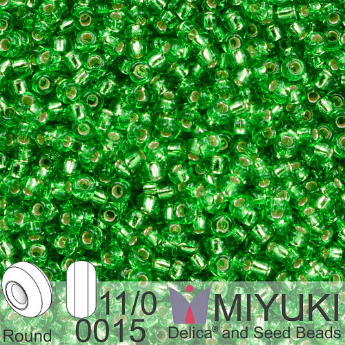 Korálky Miyuki Round 11/0. Barva 0015 Silverlined Light Green. Balení 5g. 