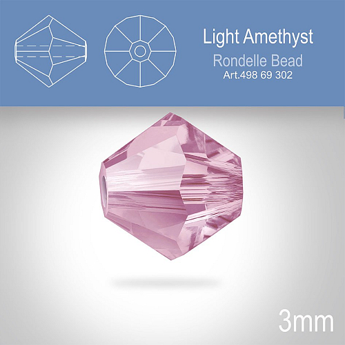 PRECIOSA Bicone (sluníčko) velikost 3mm. Barva LIGHT AMETHYST. Balení 40ks