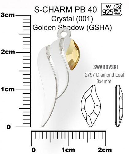 Přívěsek tvar KŘÍDLO PB 40+Swarovski 2797 Crystal (001) Golden Shadow (GSHA). Materiál Ag925. Váha Ag 0,62g