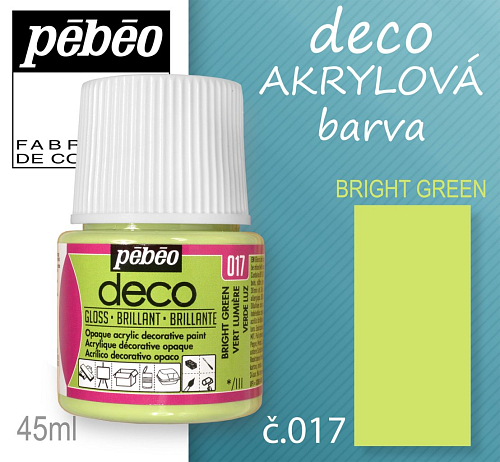 Barva AKRYLOVÁ lesk Pébeo DECO. Odstín č.017 BRIGHT GREEN. Balení 45 ml.