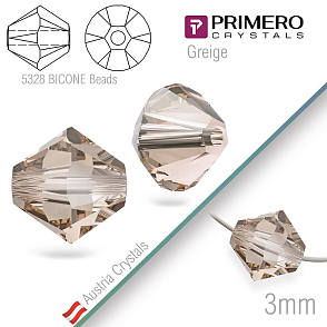 Korálky PRIMERO Crystals . Tvar 5328 Bicone BEADS. Barva Greige  Velikost 3mm balení-25Ks.