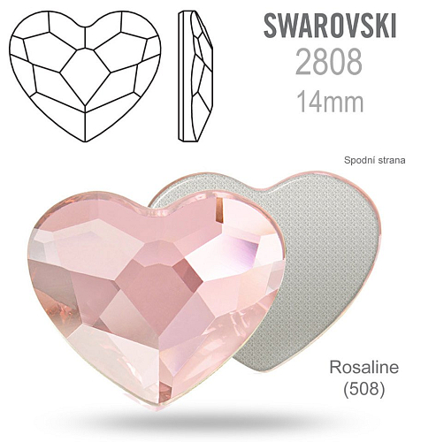 SWAROVSKI 2808 Heart Flat Back Foiled velikost 14mm. Barva Rosaline 