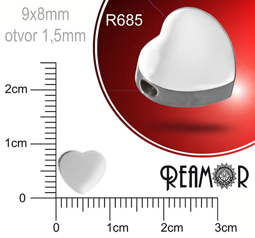 Korálek tvarovaný Srdce ploché Reamor CHIRURGICKÁ OCEL ozn.-R685. Velikost 9x8mm otvor 1,5mm. Barva ocel.