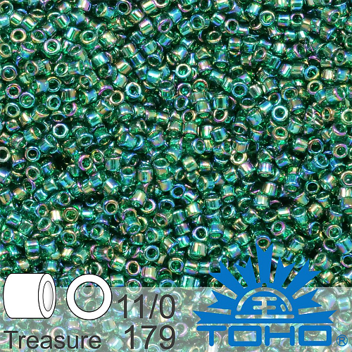 Korálky TOHO tvar TREASURE (válcové). Velikost 11/0. Barva č. 179-Trans-Rainbow Green Emerald . Balení 5g.