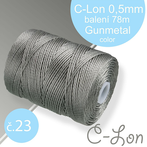 Nylonová nit C-Lon pevná korálková nit. Barva 23 Gunmetal. Síla nitě 0,5mm. Balení 78m na cívce.