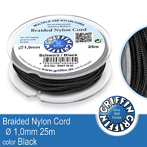 Braided NYLON (splétaná nit na náramky) GRIFFIN síla nitě 1mm cívka 25m. Barva Black.