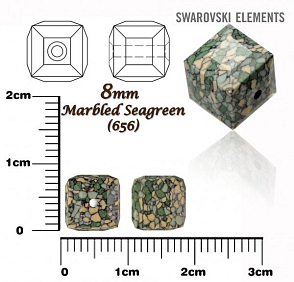 SWAROVSKI CUBE Beads 5601/B KERAMICKÉ korálky barva MARBLED SEAGREEN velikost 8mm.