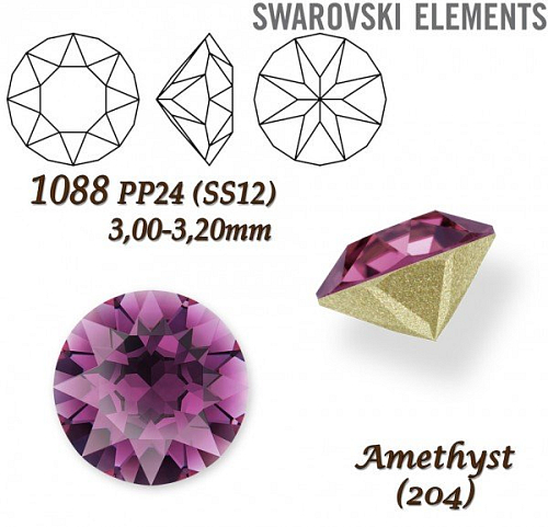 SWAROVSKI ELEMENTS 1088 XIRIUS Chaton PP24 (SS12)  3,00-3,20mm barva AMETHYST (204).