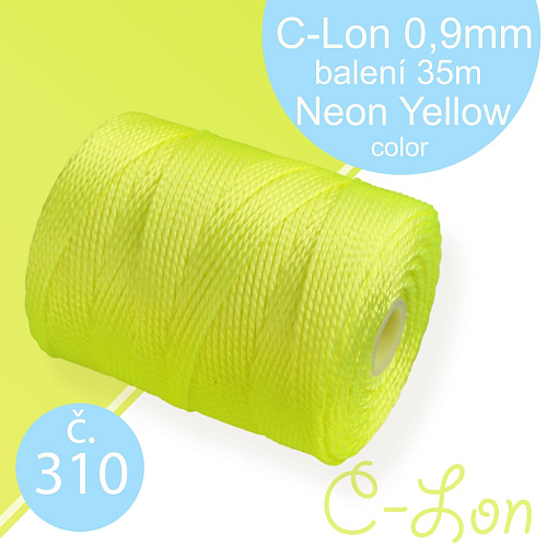 Nylonová nit C-Lon pevná korálková nit. Barva 310 Neon Yellow. Síla nitě 0,9mm. Balení 35m na cívce.