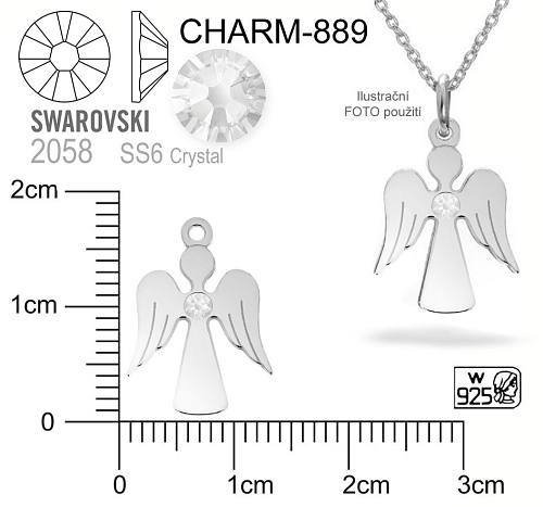 Příivěsek CHARM 889 ANDĚL s  kamínkem Swarovski 2058 SS6 barva Crystal stribro Ag 925. Váha 0,41g. 