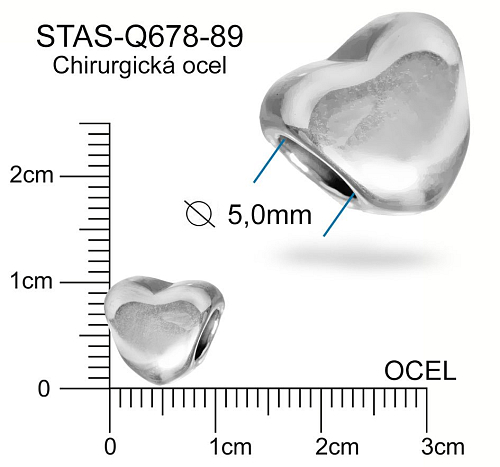 Korálek srdce velký otvor CHIRURGICKÁ OCEL ozn.-STAS-Q678-89 Velikost 11,0mm x 10mm otvor 5,0mm