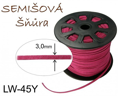 SEMIŠOVÁ šňůra plochá. Ozn.- LW-45Y. Barva RED WINE (ČERVENÁ VÍNOVÁ). Velikost šířka 3mm tl.1,5mm. 