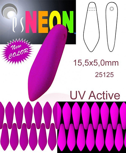 Korálky JAZÝČKY NEON (UV Active) velikost 15x5mm barva 25125 FIALOVÁ. Balení 15Ks. NEW COLOR.